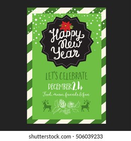 Christmas restaurant brochure, menu template. Vector holiday background and design banner. Happy New Year party flyer with hand-drawn xmas graphic.