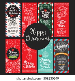 Christmas restaurant brochure, menu template. Vector holiday background and design banner. Happy New Year party flyer with hand-drawn xmas graphic.