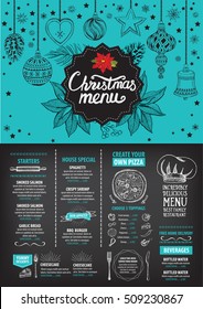 Christmas restaurant brochure, menu template. Vector holiday background and design banner. Happy New Year party flyer with hand-drawn xmas graphic.