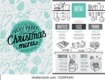 Christmas restaurant brochure, menu template. Vector holiday background and design banner. Happy New Year party flyer with hand-drawn xmas graphic.