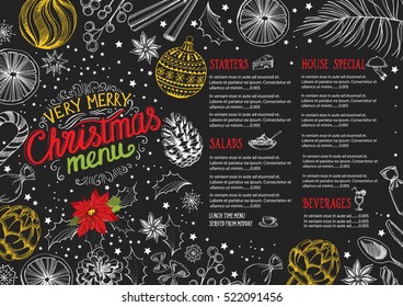 Christmas restaurant brochure, menu template. Vector holiday background and design banner. Happy New Year party flyer with hand-drawn xmas graphic.