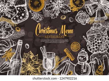 Christmas restaurant festive menu template on blackboard. Vector sketch hand drawn design for café and reastaurant. Engraving illustration for background