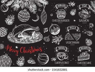 Christmas restaurant menu. Sketch illustration. Vector.