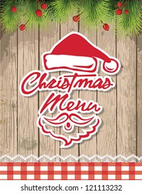 Christmas restaurant menu with christmas tree on wood background old texture. Vector illustration