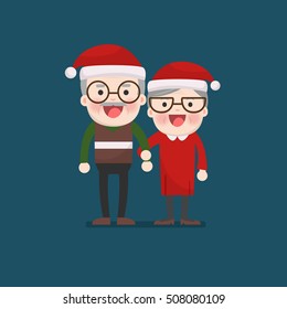 Christmas, Retired elderly senior age couple in creative flat vector character design | Grandpa and grandma standing full length smiling