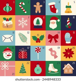 Christmas retro advent calendar with cute holiday elements. Modern xmas icon set