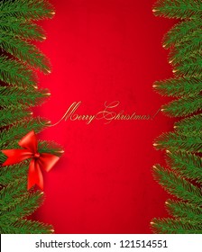 Christmas retro background with gift bow and fir branches  Vector illustration
