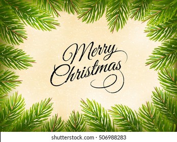 Christmas retro background with a green  tree branches. Vector.