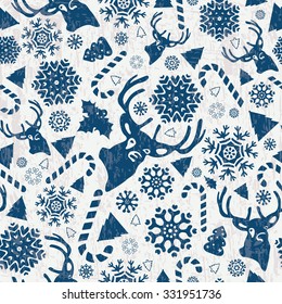 Christmas retro background with grunge texture. Seamless pattern with deers, Christmas trees and snowflakes