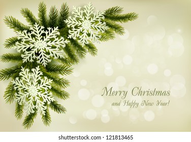 Christmas retro background with christmas tree branches and snowflakes.
