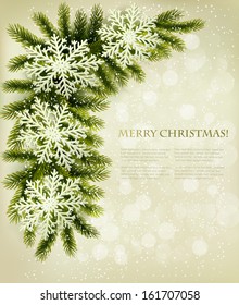 Christmas retro background with christmas tree branches and snowflakes. Vector 