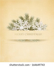 Weihnachtsretro-Hintergrund mit Baumzweigen und Schneeflocken. Vektorgrafik.