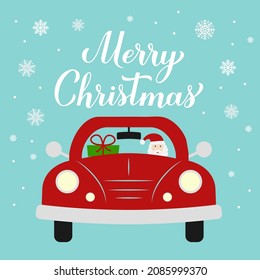 Christmas retro car with cute Santa. Vintage truck delivers gifts. Vector  template for winter holidays greeting card, banner, poster, flyer, etc.