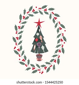 Christmas retro card with Christmas tree, balls and red star in frame of holly. Vector holiday illustration in vintage flat style.