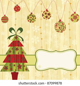 Christmas retro card with tree and baubles.