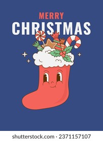 Christmas retro cartoon 70s stocking with sweets character.  Xmas mascot in groovy style vector illustration. Vintage poster, print. 