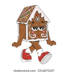 Christmas retro cartoon character. Walking groovy gingerbread house with candy decoration. Isolated vector illustration. 