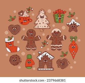 Christmas retro cartoon characters. Gingerbread man and house, tree toys, stocking, gift and cocoa. Cool isolated vector elements in trendy groovy hippie style. Merry Christmas and Happy New year