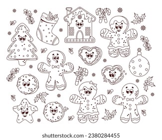 Christmas retro cartoon characters gingerbread. Gingerbread man and girl, house, xmas tree, sock, ball and cookies. Cool isolated vector outline linear drawings in trendy groovy hippie style