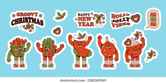 Christmas retro cartoon characters stickers set. Xmas stocking, ball, gift and cup cocoa. 60 -70s vibes in trendy groovy hippie style. vector illustration. Merry Christmas and Happy New Year