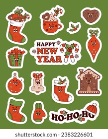 Christmas retro cartoon characters stickers set. Xmas stocking, ball, gift, gingerbread and cup cocoa. 60 -70s vibes in trendy groovy hippie style. vector illustration. Happy New Year