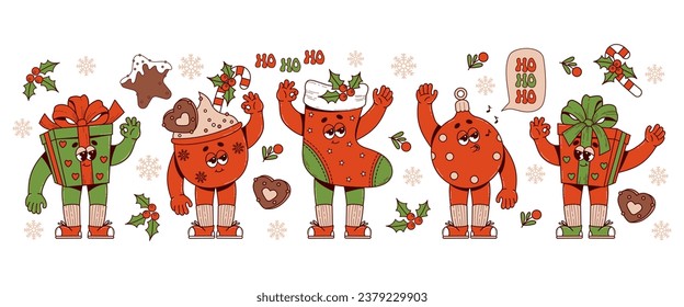 Christmas retro cartoon characters. Xmas stocking, ball, gift and cup cocoa. 60 -70s vibes sticker set in trendy groovy hippie style. vector illustration. Merry Christmas and Happy New Year