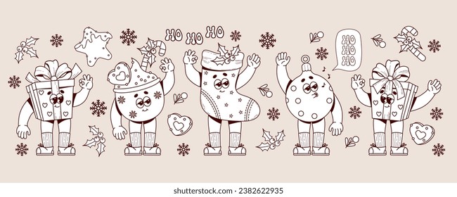 Christmas retro cartoon characters. Xmas stocking, ball, gift and cup cocoa. 60 -70s vibes sticker set in trendy groovy hippie style. vector outline drawings. Merry Christmas and Happy New Year 