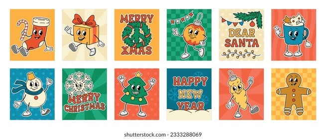 Christmas retro characters posters set. Vintage holiday greeting cards with hippie funny tree and gift, snowman and toys. Happy New Year prints. Cartoon flat vector isolated on white background