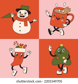 Christmas retro collection 30s cartoon mascot characters. Snowman, Christmas tree, sock, cup. 50s, 60s old animation style. Vintage comic merry Christmas vector. Cheerful, happy emotions. Isolated svg