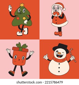 Christmas retro collection 30s cartoon mascot characters. Snowman, Christmas tree, Santa Claus. 50s, 60s old animation style. Vintage comic merry Christmas vector. Cheerful, happy emotions. Isolated
