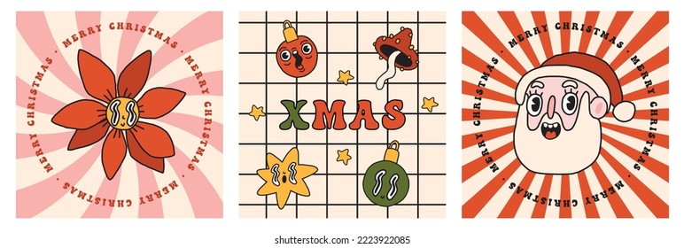 Colección retro de Navidad tarjetas cuadradas de dibujos animados de los años 30. Santa Claus, flor de poinsettia, letras. Estilo de animación de los años 50 y 60. Historieta vintage alegre vector navideño. Emociones alegres y felices. Aislado