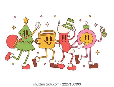 Christmas retro collection of 30s cartoon mascot characters.Christmas tree, sock, mug and bauble. 50s, 60s old animation face style. Vintage groovy comic merry Christmas vector illustration.