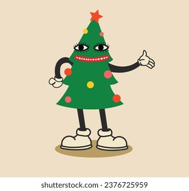 Christmas retro collection 30s cartoon mascot characters. Christmas tree in 50s, 60s old animation style. Vintage comic merry Christmas Isolated vector.