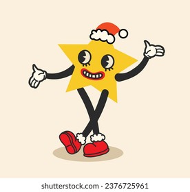 Christmas retro collection 30s cartoon mascot characters. Christmas star and in 50s, 60s old animation style. Vintage comic merry Christmas Isolated vector.