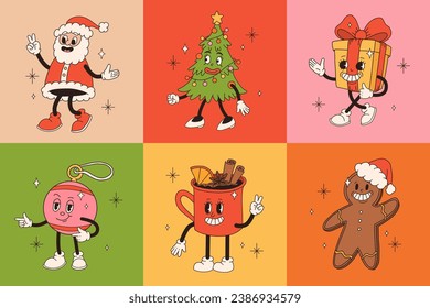 Christmas retro collection 30s cartoon mascot characters. Santa, Christmas tree, sock, cup. 50s, 60s old animation style. Vintage comic merry Christmas vector. Cheerful, happy emotions