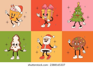 Christmas retro collection 30s cartoon mascot characters. Santa, Christmas tree, sock, cup. 50s, 60s old animation style. Vintage comic merry Christmas vector. Cheerful, happy emotions