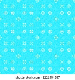 Christmas Retro Decoration. Snowflake white festive icons on turquiose background. Holidays vector seamless pattern. Pixel art design.
