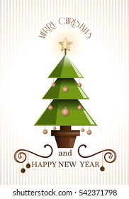 Christmas retro design with christmas tree and traditional greetings -   Star and decoration balls decorated christmas tree. Vector illustration