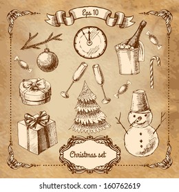 Christmas retro drawings by hand 