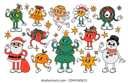 Christmas retro element. Cartoon groovy 30s cute characters. Holiday symbols, new year stickers. Vintage Santa Claus and funny snowman, xmas angel, mascot tree and gift. Vector set. Wreath, tangerine