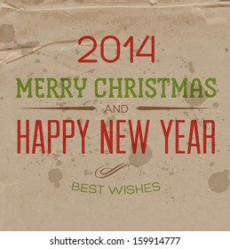 Christmas retro greeting card. Festive vintage typography. Old grungy wrinkled craft paper texture. Merry christmas and happy new year.