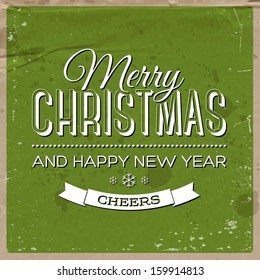 Christmas retro greeting card. Festive vintage typography. Old grungy wrinkled craft paper texture. Merry christmas and happy new year.