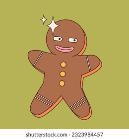 Christmas retro greeting card with gingerbread man. Groovy Christmas traditional cookie on checkerboard background in 70s style. Typography Merry Christmas. Vector illustration.