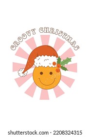 Tarjeta de felicitación retro de Navidad con cara de sonrisa groovy. Sonrisa divertida con sombrero Santa y holly en estilo 70. Tipografía de época Navidad Groovy. Vector para postales de vacaciones, invitación, pegatina, etc.