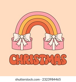 Christmas retro greeting card with groovy rainbow, gifts and holiday objects. Lettering quote in 70s style. Typography Holly Jolly Time. Vector illustration for holidays.