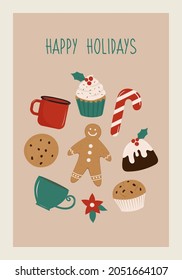 Christmas Retro Greeting Card With Happy Holiday Wishes Writing And Bakery Food Illustration. Hand Drawn Vector Cup, Muffin, Cake, Candy, Cupcake, Gingerbread Man. Vintage Template, Flyer, Poster