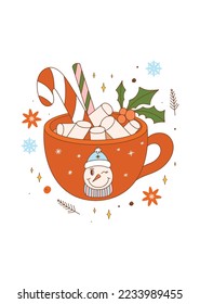 Christmas retro greeting card with mug of cocoa drink. Groovy hot chocolate cup with candy cane, marshmallow in 70s style. Vector illustration for holidays postcard, invitation, sticker etc.