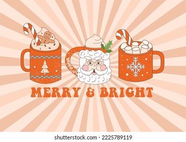 Christmas retro greeting card with mugs of cocoa drink on sun ray background. Groovy hot chocolate cups with candy cane, marshmallow in 70s style. Christmas typography Merry and Bright. Vector.