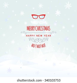 Christmas retro greeting card  with   mustache and glasses, vector christmas background