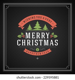 Christmas retro greeting card and ornament decoration. Merry Christmas holidays wish invitation design and vintage background. Happy new year message. Vector illustration. 